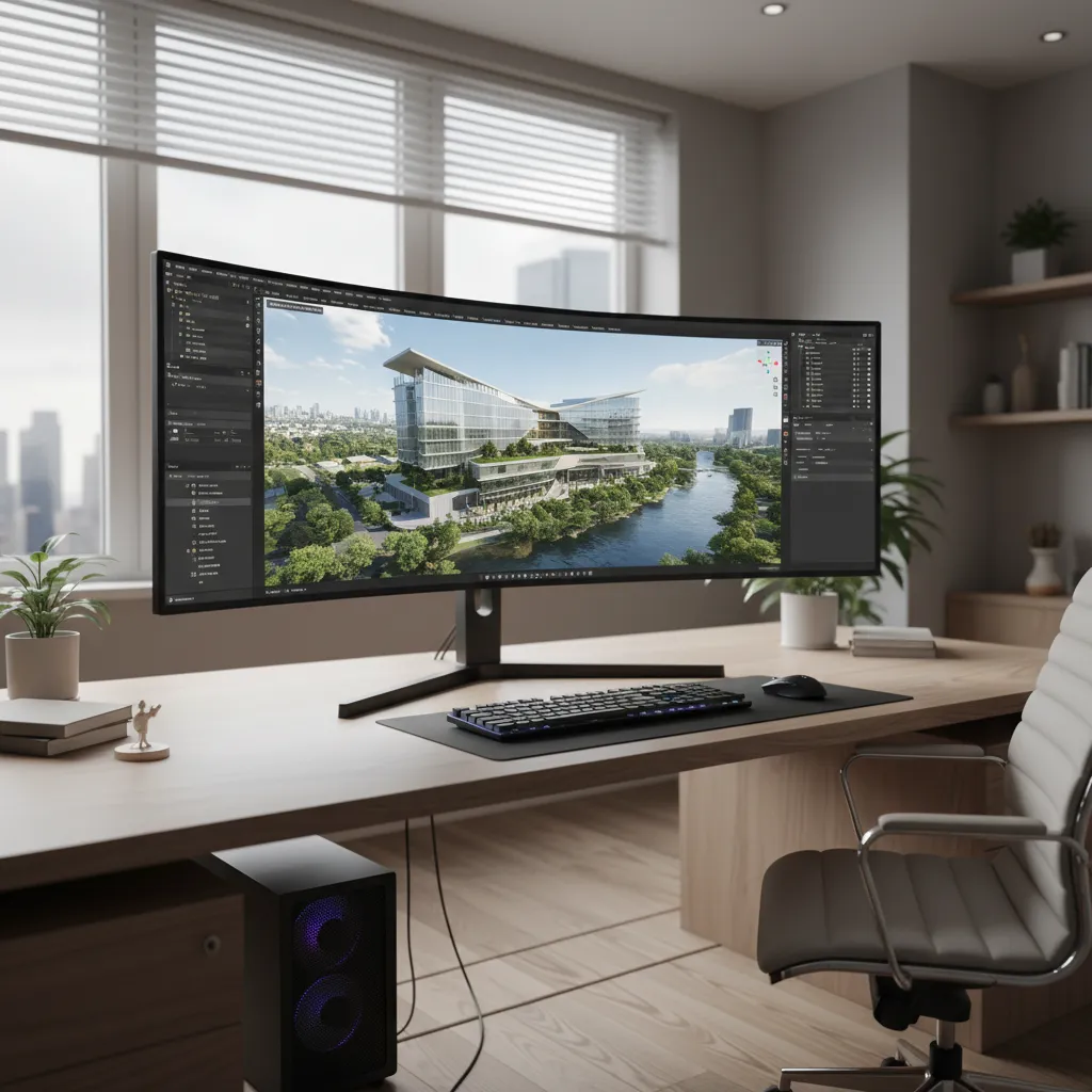 3D modeling software running on a workstation with complex scene displayed