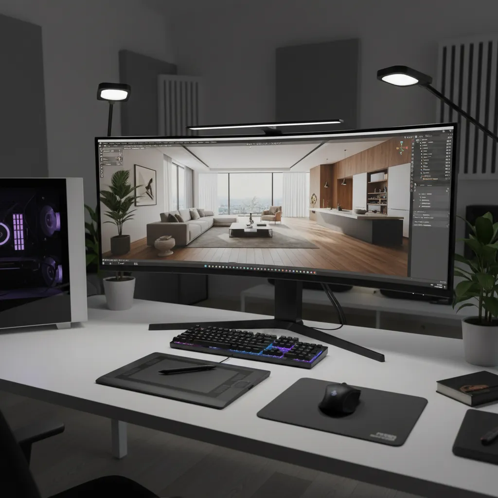 3D modeling workstation with software viewport displaying interior scene