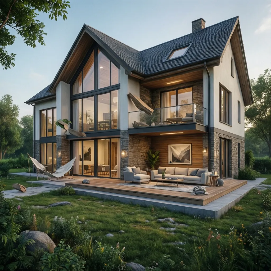 Render 3D de diseño moderno de casa de campo antes de construir