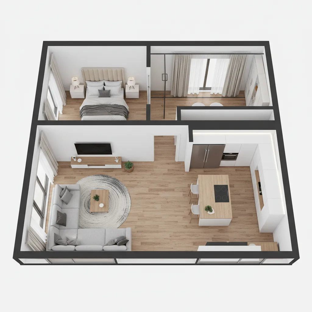 3D visualization of modern home floor plan with furniture
