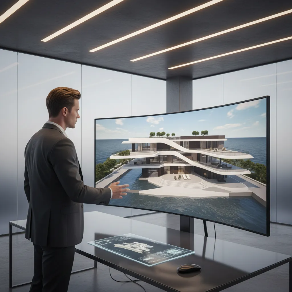 Modelo 3D de una vivienda moderna con formas curvas