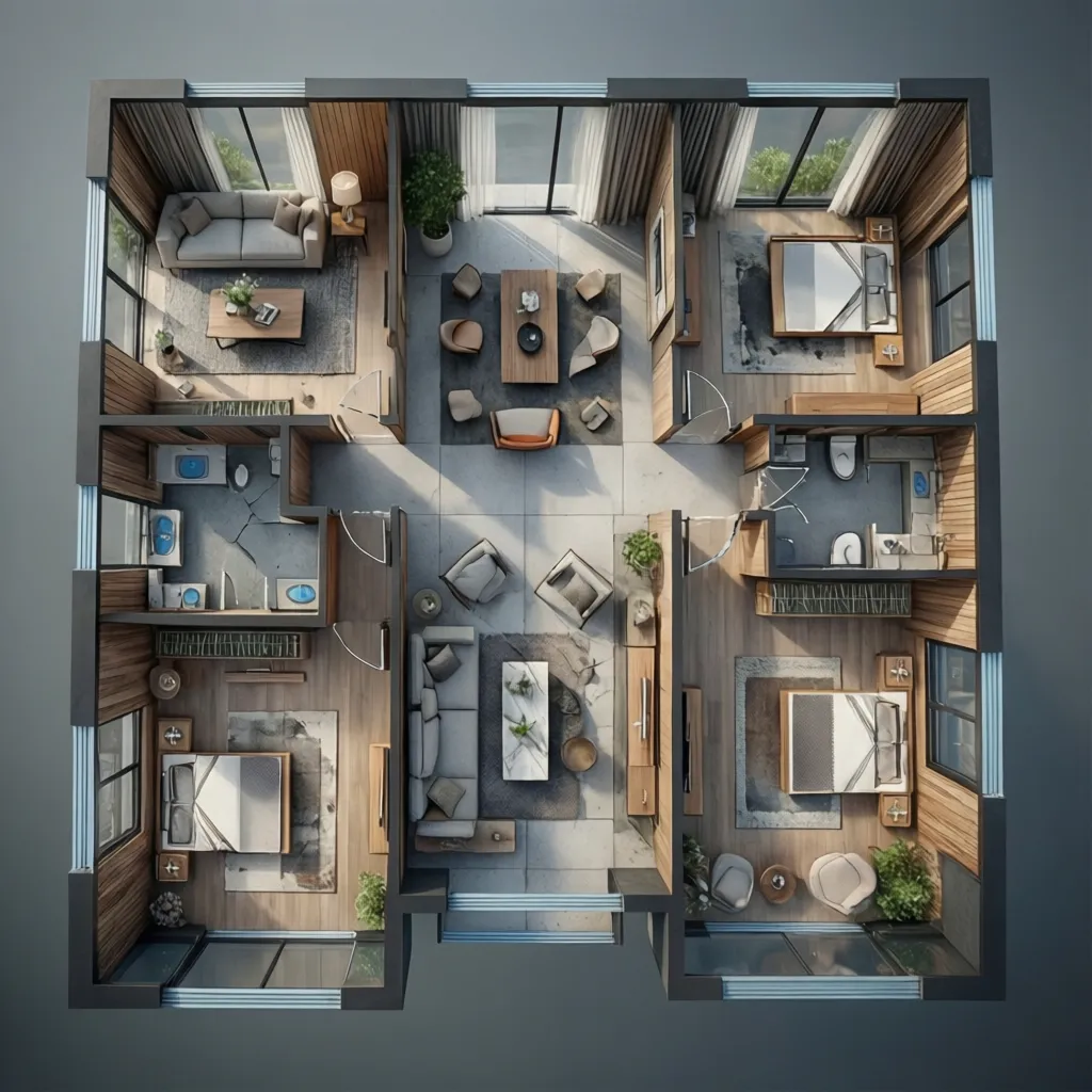 Plano 3D de una casa moderna mostrando distribución interior