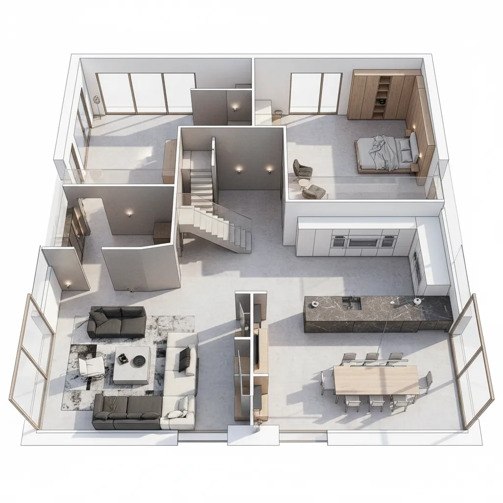 Plano 3D de una casa moderna con distribución abierta