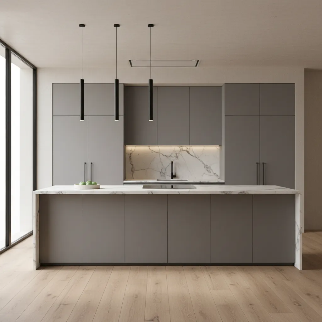 cocina moderna con isla visualizada en render 3D