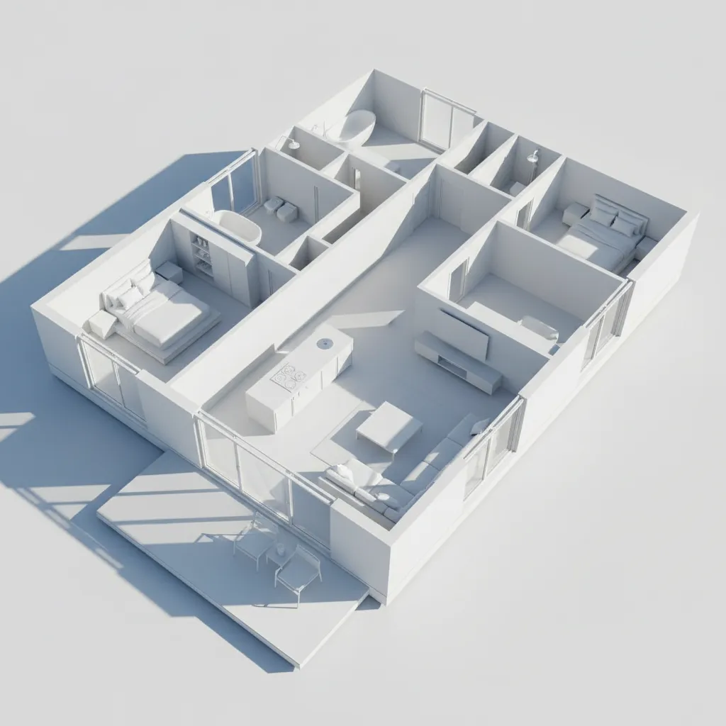 Plano 3D de una casa modular moderna
