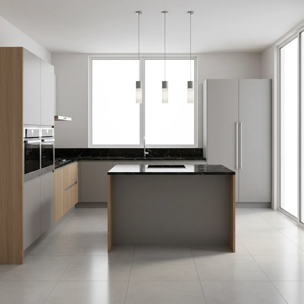 3d rendered modular kitchen design layout with cabinets countertop and appliances