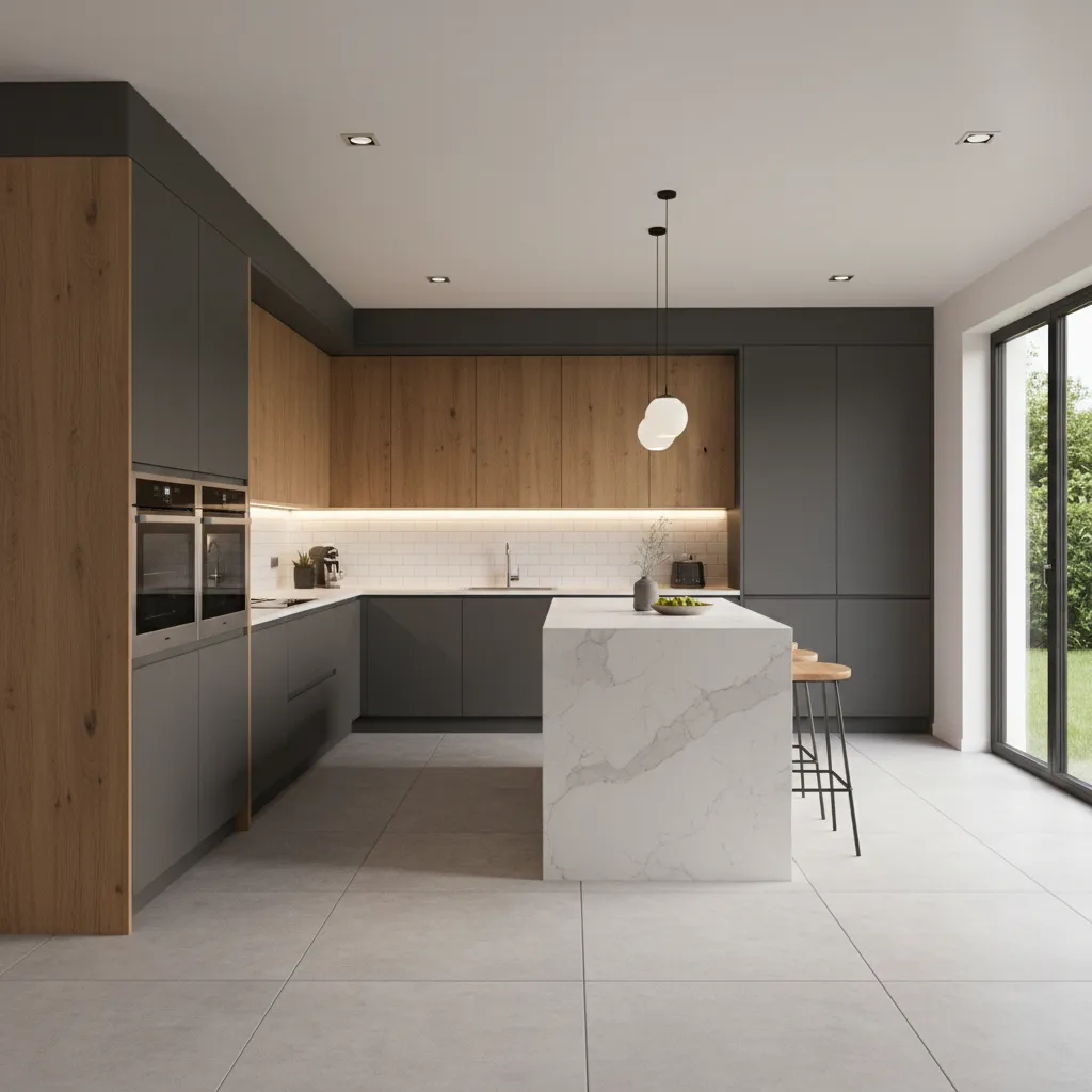 3D rendered modular kitchen preview showing cabinets layout and lighting