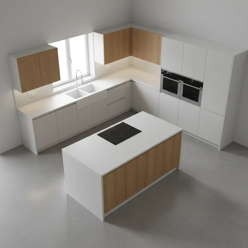 3D modular kitchen layout visualization showing cabinets and workflow zones