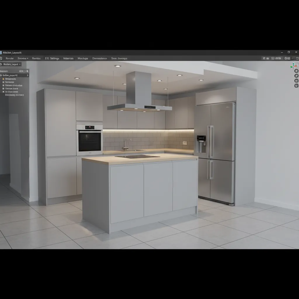 3D rendered preview of a modular kitchen before construction