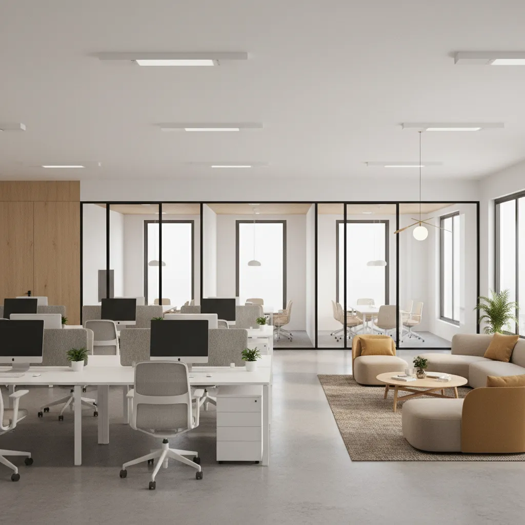 Final 3D rendered office interior with desks meeting rooms and lounge space
