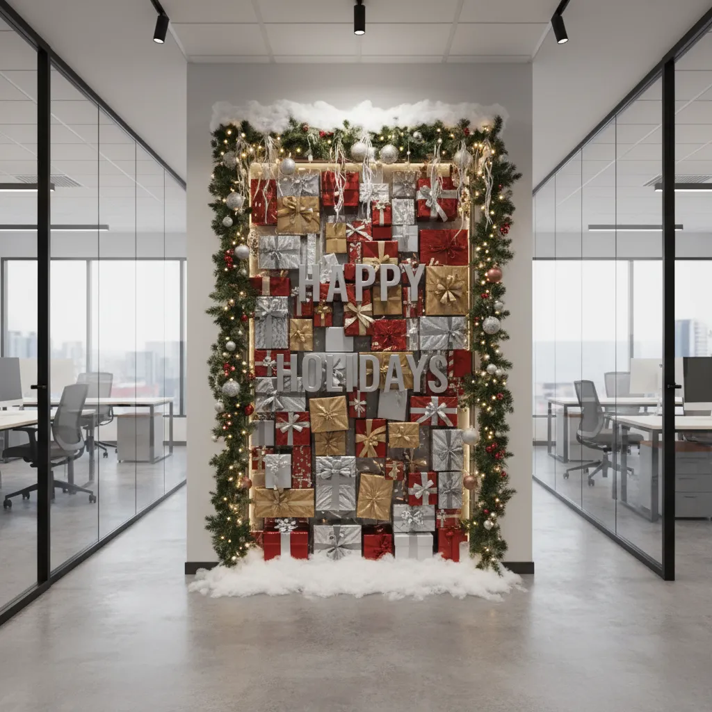 Office door with three dimensional Christmas decorations like gift boxes and snow layers