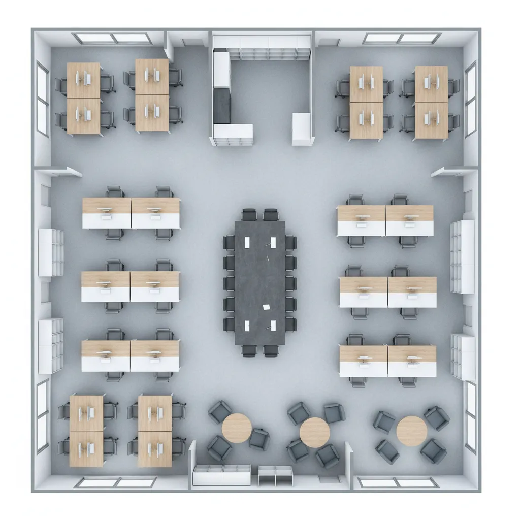 3D office floor plan layout with desks meeting room and walkways
