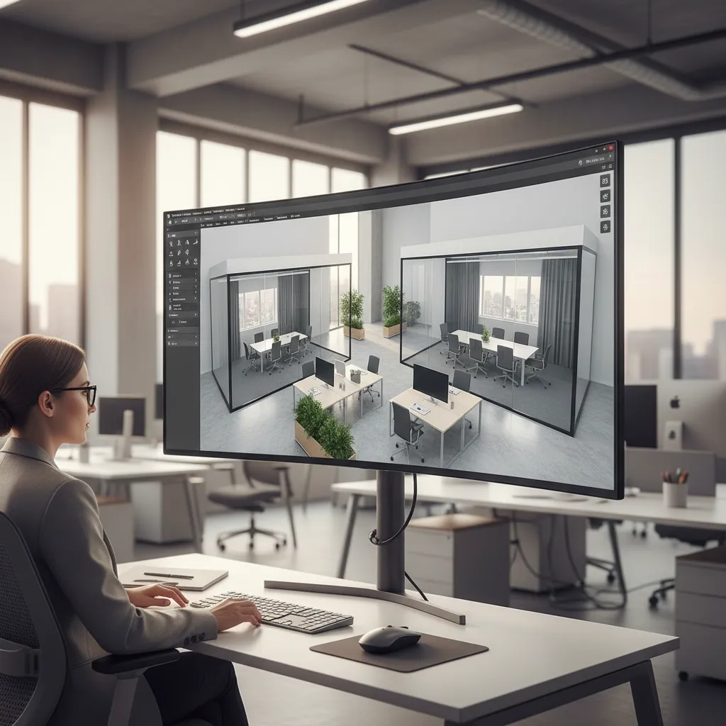 Computer screen showing 3D office interior layout design software with desks and meeting rooms