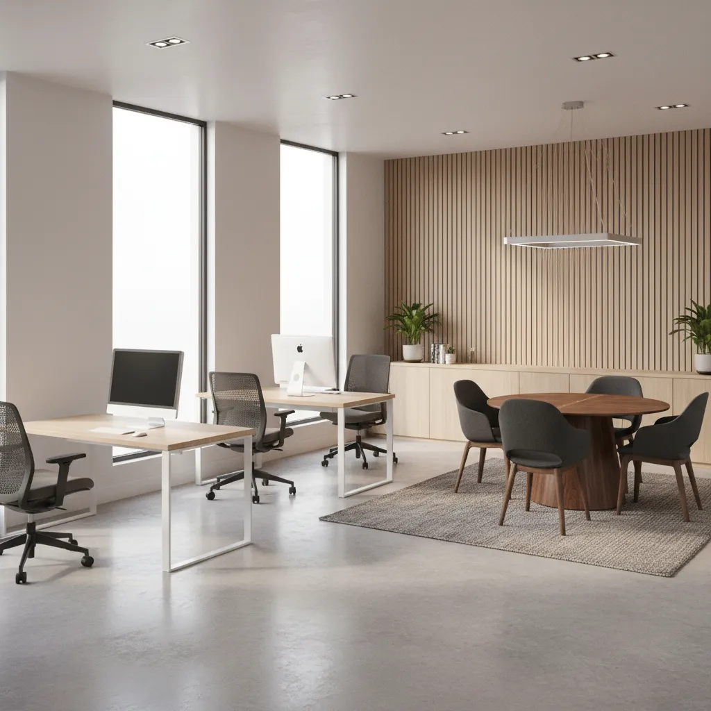 3D visualization of small office layout with desks and meeting area