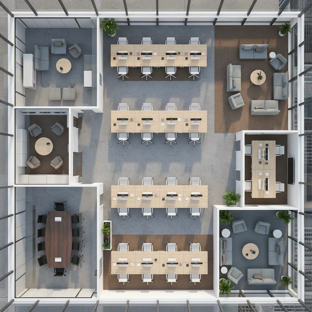Render 3D de planificación de una oficina con diferentes zonas de trabajo
