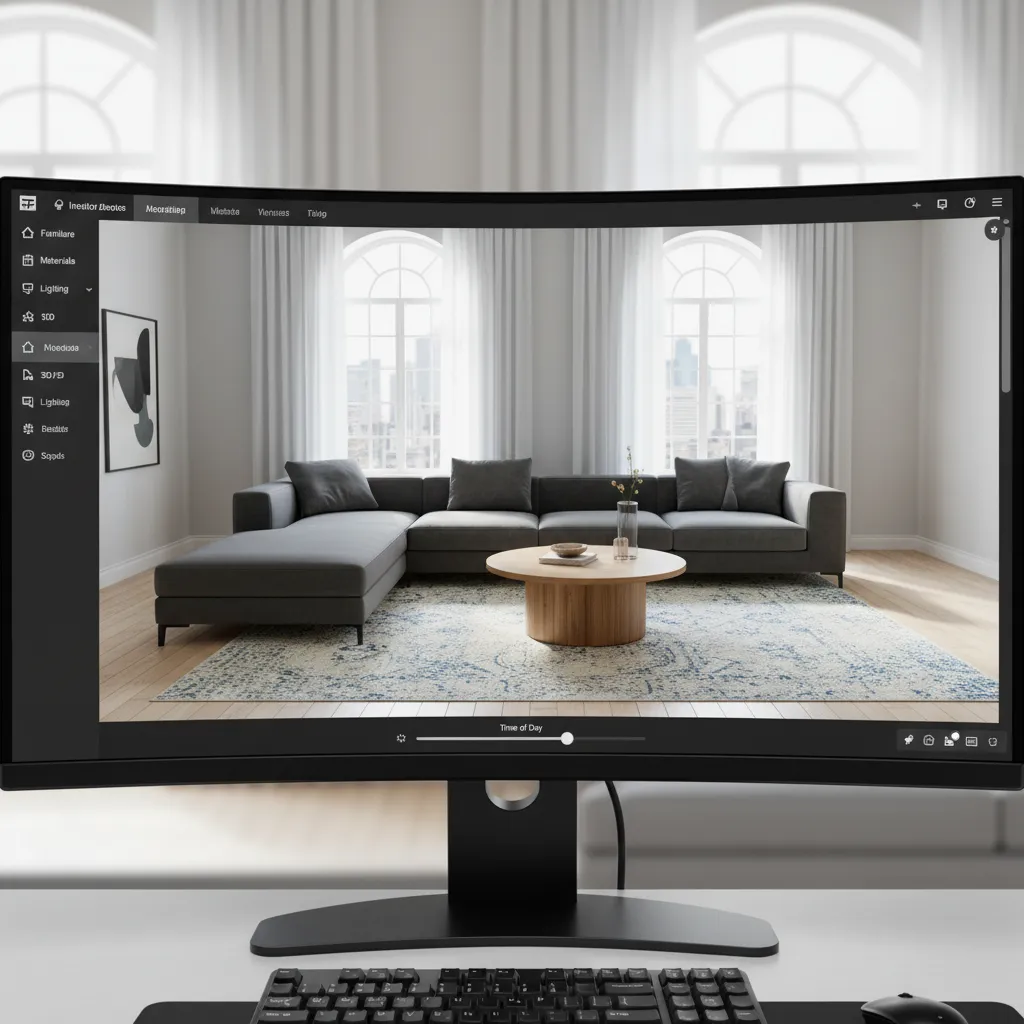 3D room planning interface showing furniture placement in a modern living room