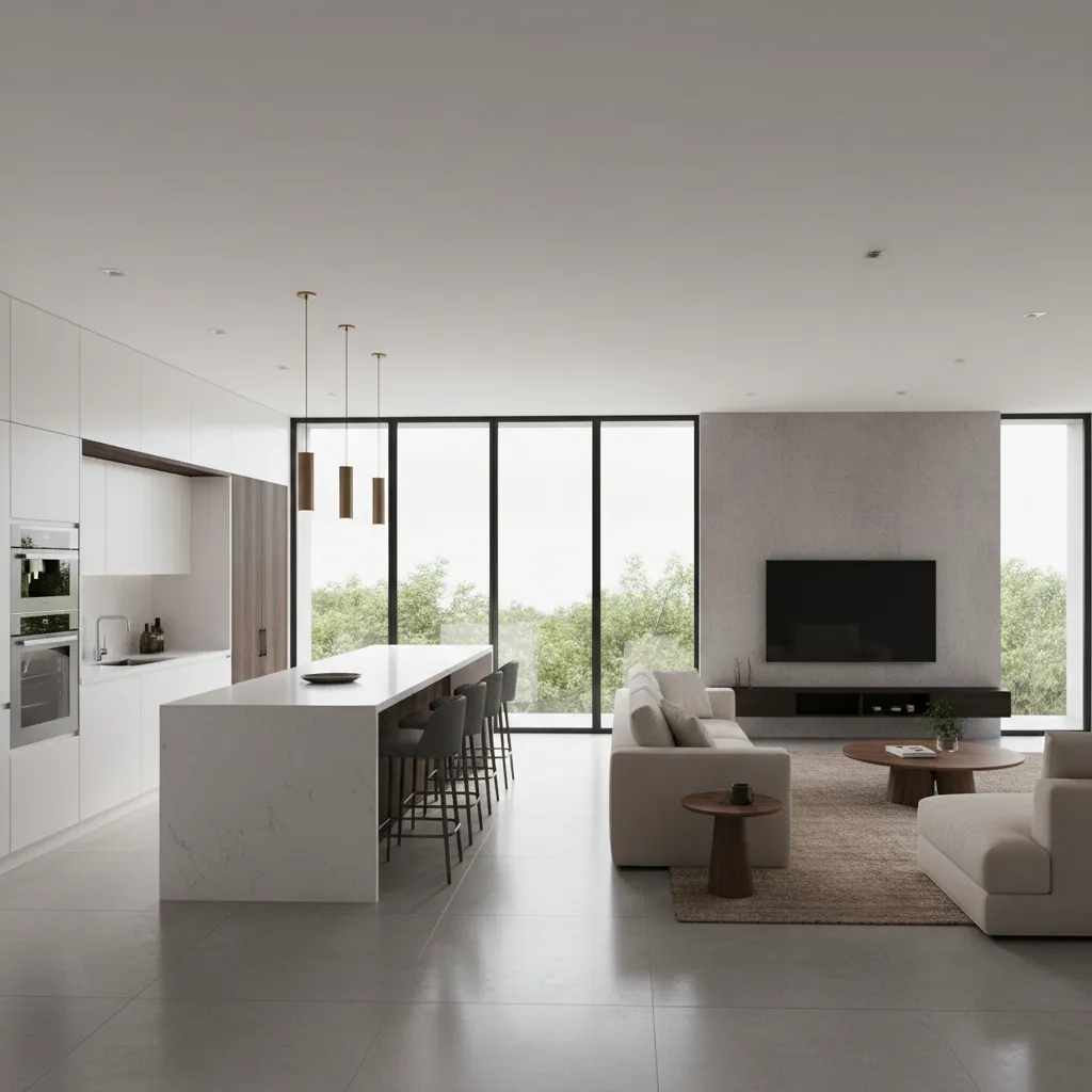 Modern open kitchen and living room with marble island stools sofa television and large windows