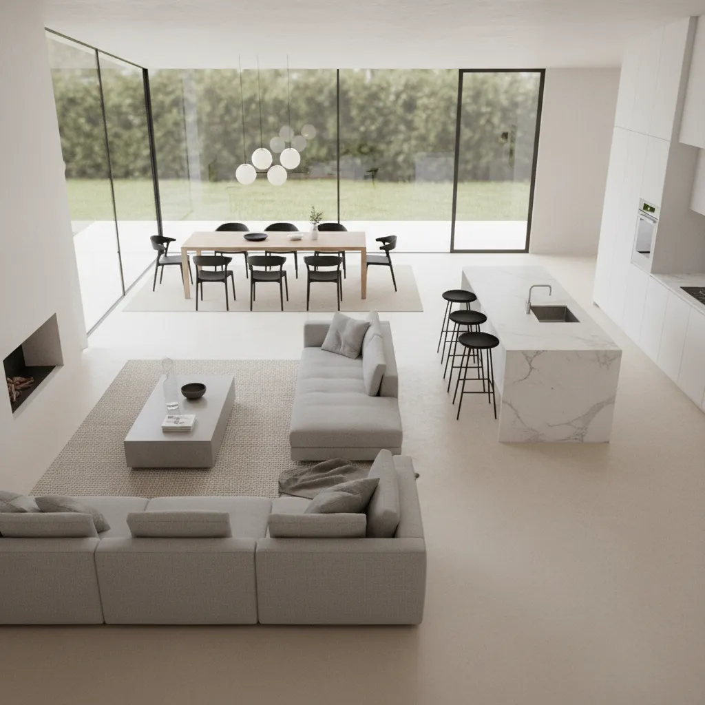 Interior design drawing showing top view of grey sofas white marble island and dining table set