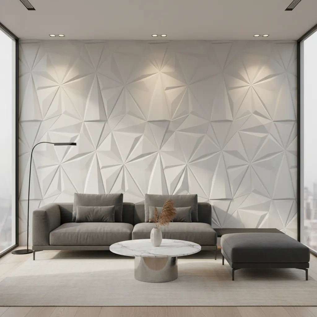Modern living room wall with geometric 3D textured panels