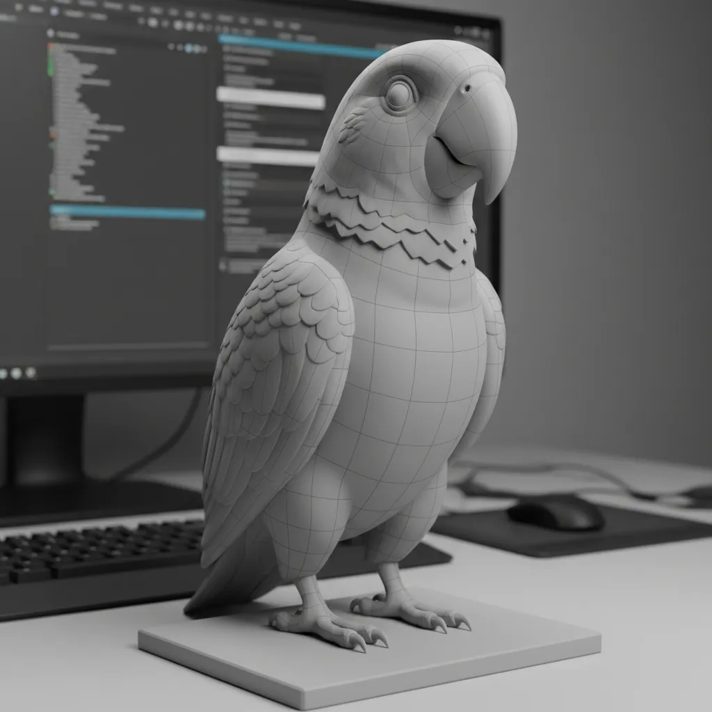 Base sculpt of a parrot character in 3D modeling software viewport
