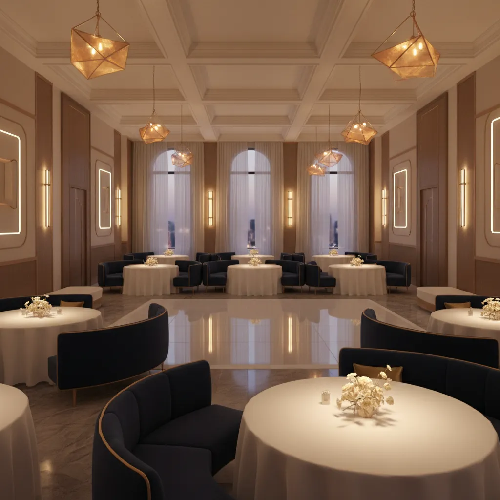 3D visualization of a party room layout with tables dance floor and lounge seating