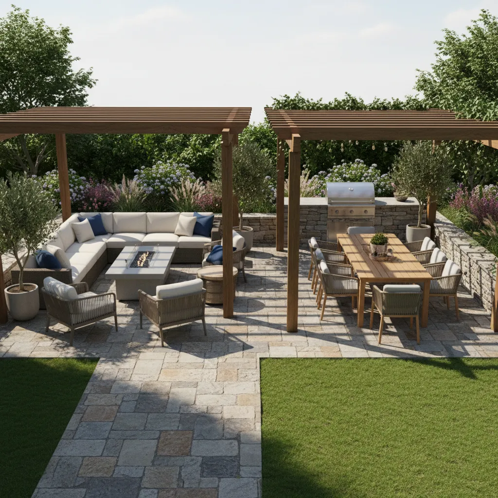 3D patio layout overview with seating and dining zones