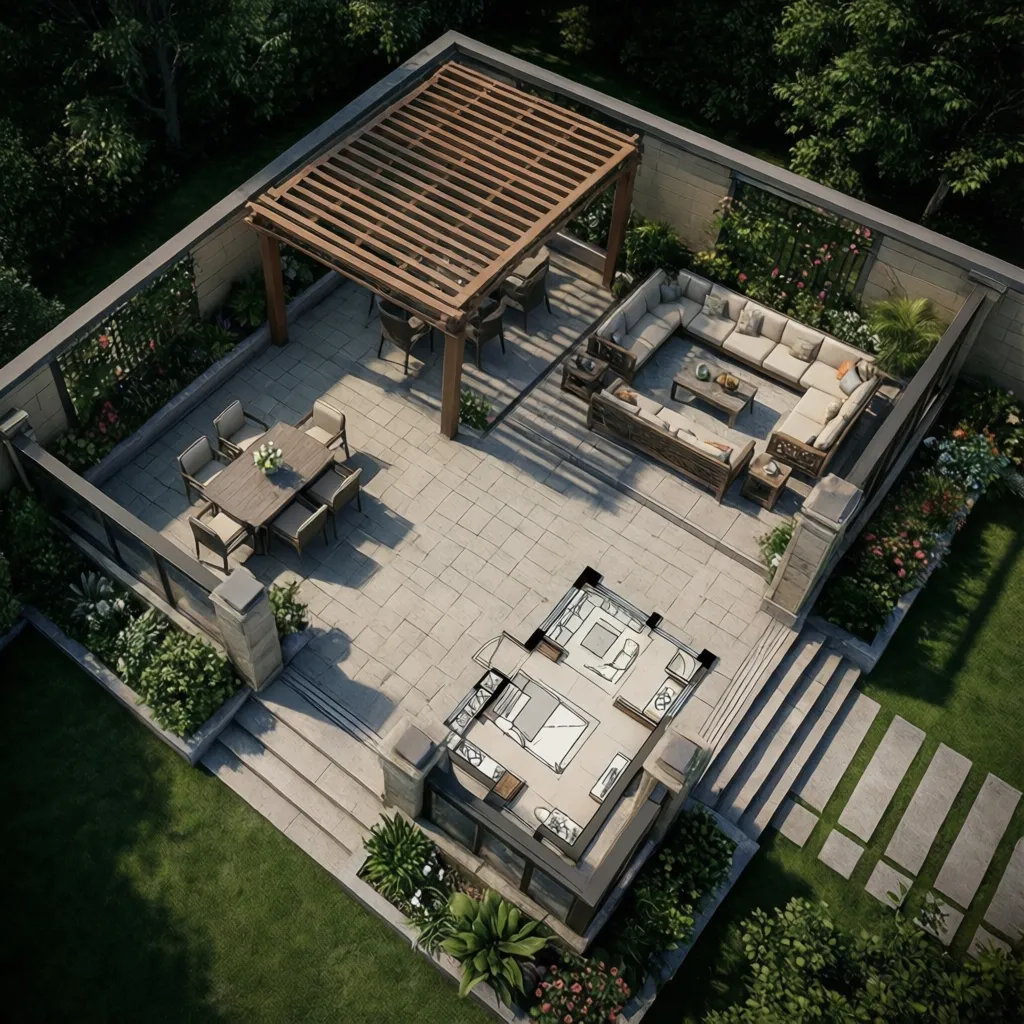 3D patio floor plan layout showing zones for dining and lounge seating