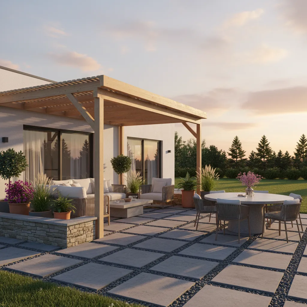 3D rendered patio with seating, pergola, and outdoor dining layout