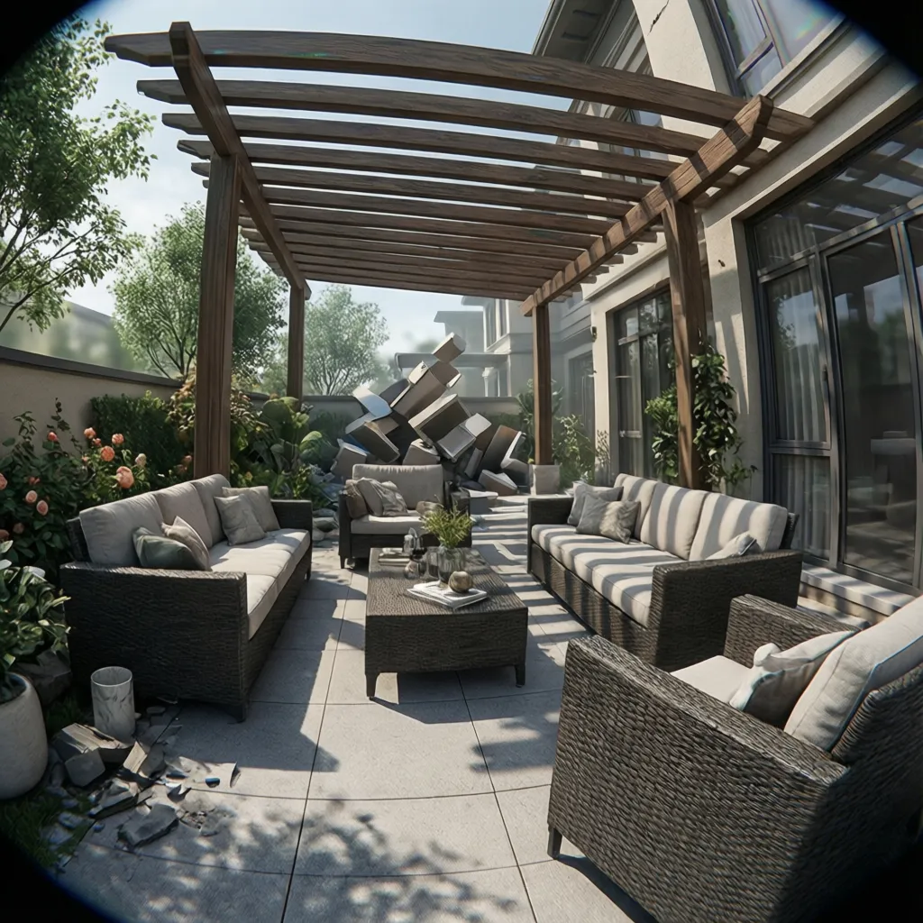 3D patio model with rendering glitches and missing textures