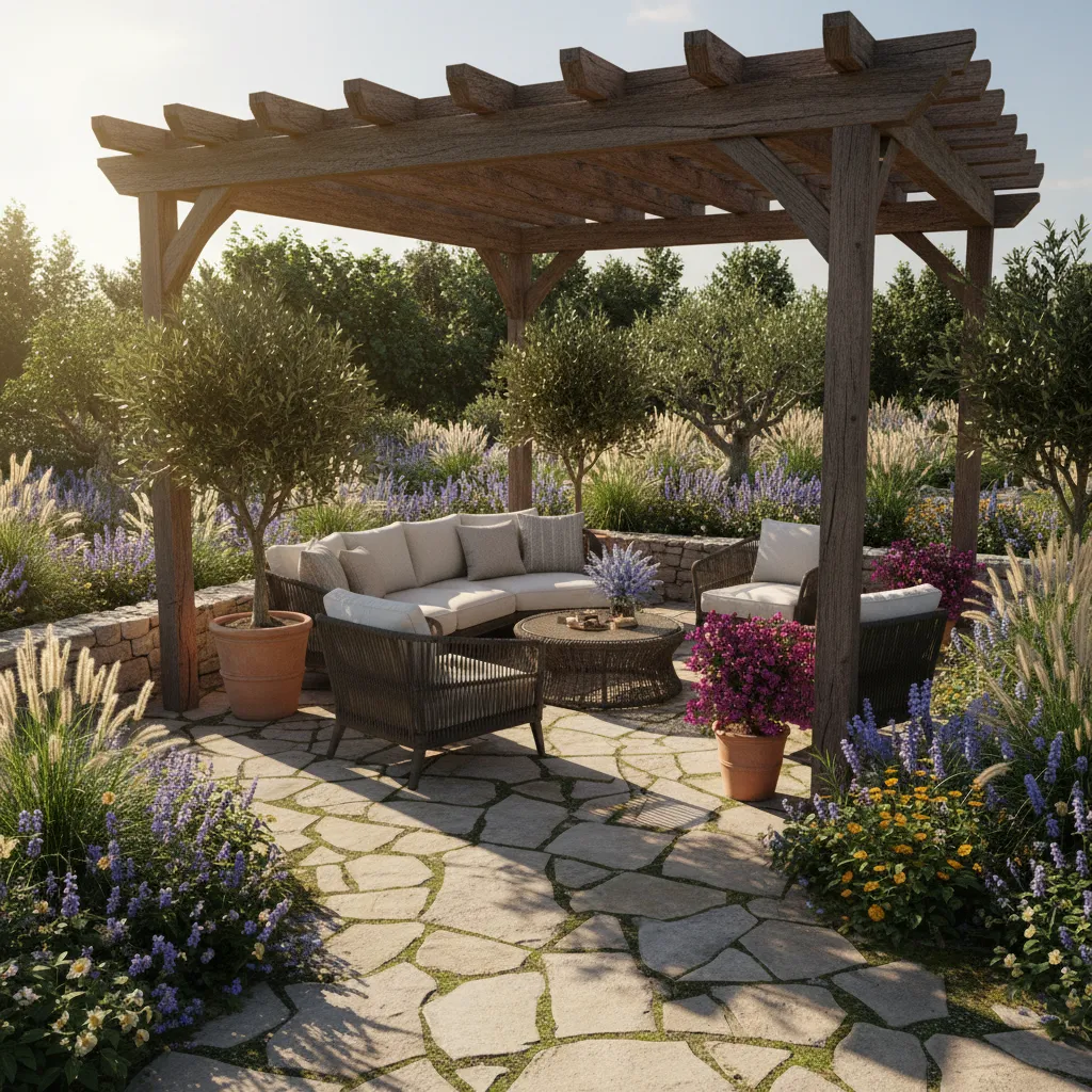 3D patio design showing pergola shade and sunlight direction