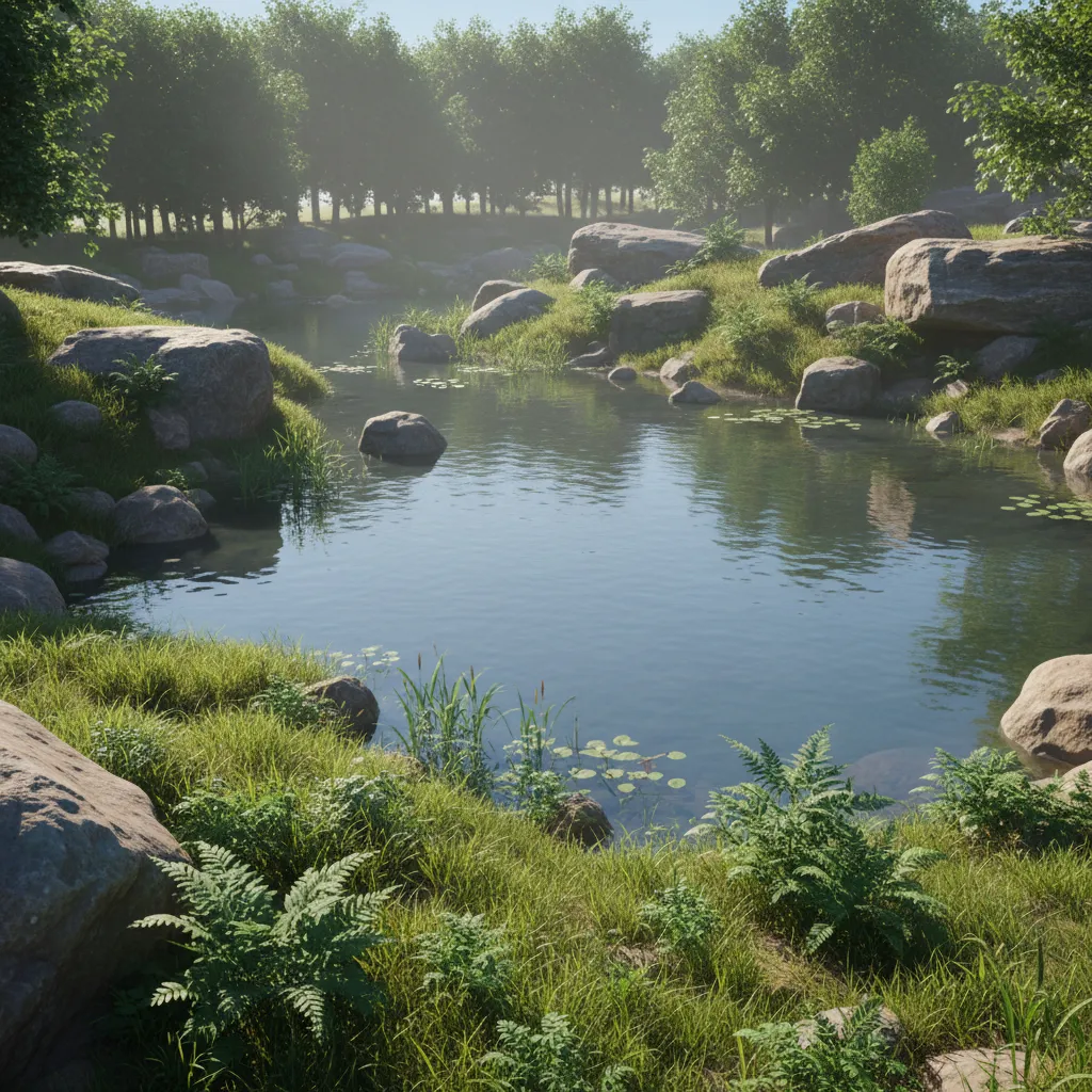 Overview of a 3D pond environment scene used in real time rendering