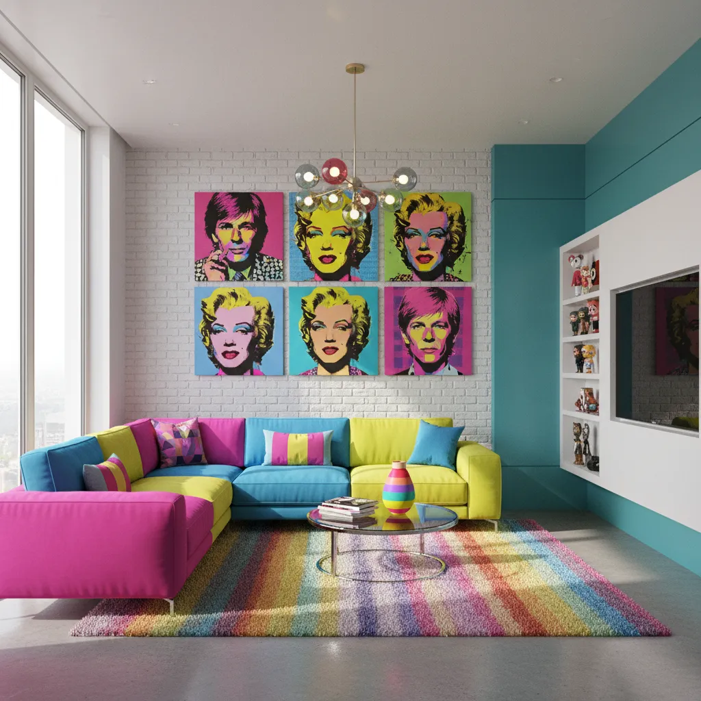 Render 3D de una sala con diseño interior estilo pop