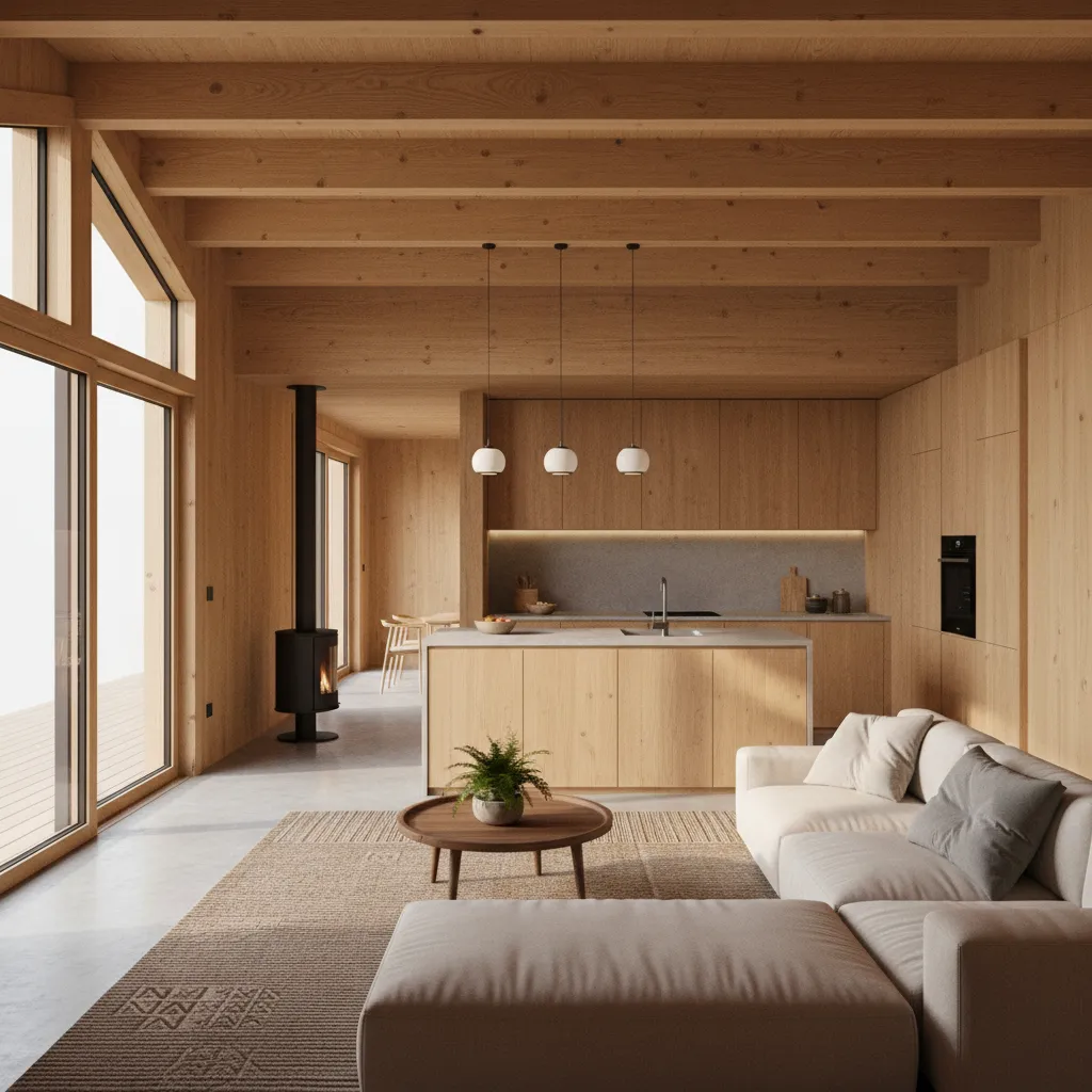 Visualización 3D del interior de una casa prefabricada de madera