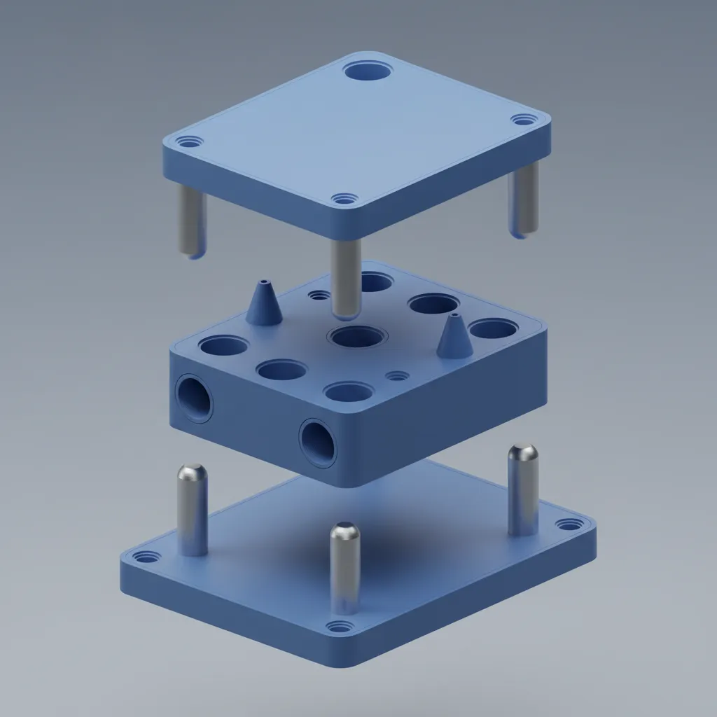 3D model parts showing alignment pins and connector sockets for assembly