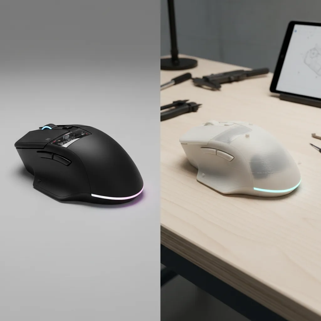 comparison between 3D render and real printed prototype