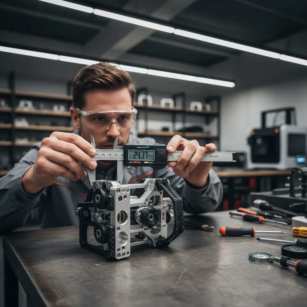 engineer measuring tolerance of a 3D printed mechanical part with calipers
