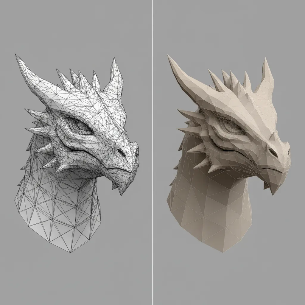 comparison between dense 3D printing mesh and optimized game asset