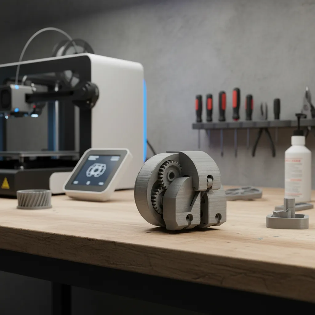 3D printed model separated into multiple parts on a workbench