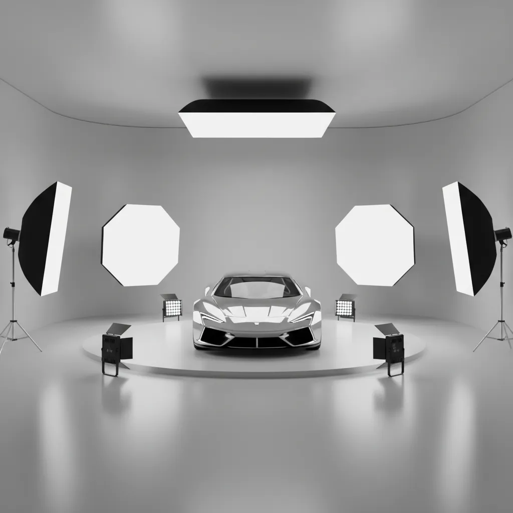 3D rendering lighting setup demonstrating studio style product illumination
