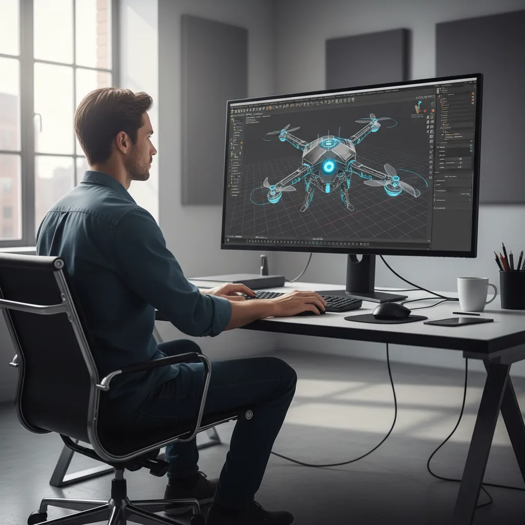 Designer creating 3D model of product on computer using professional software