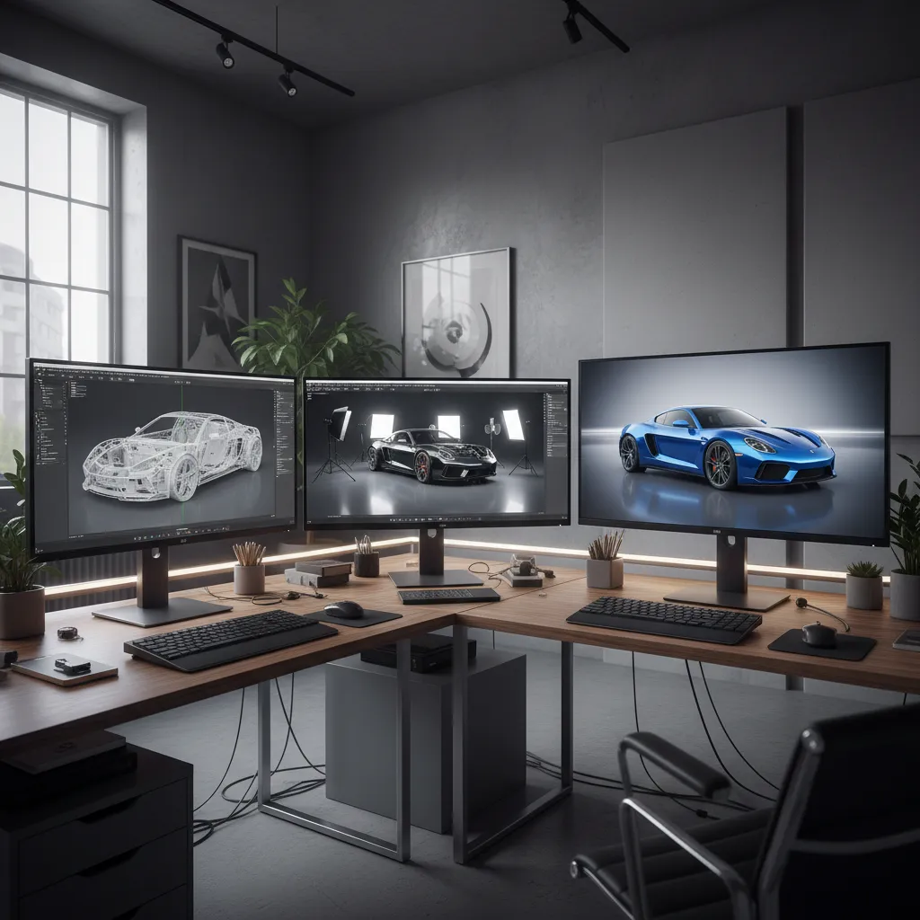3D rendering workflow showing modeling lighting and final product visualization