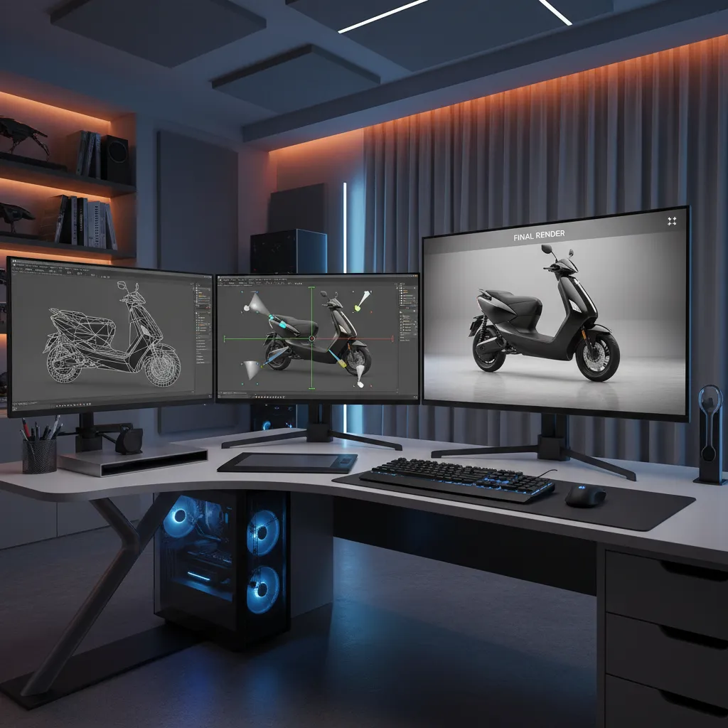 3D product rendering workflow showing modeling lighting and final render comparison