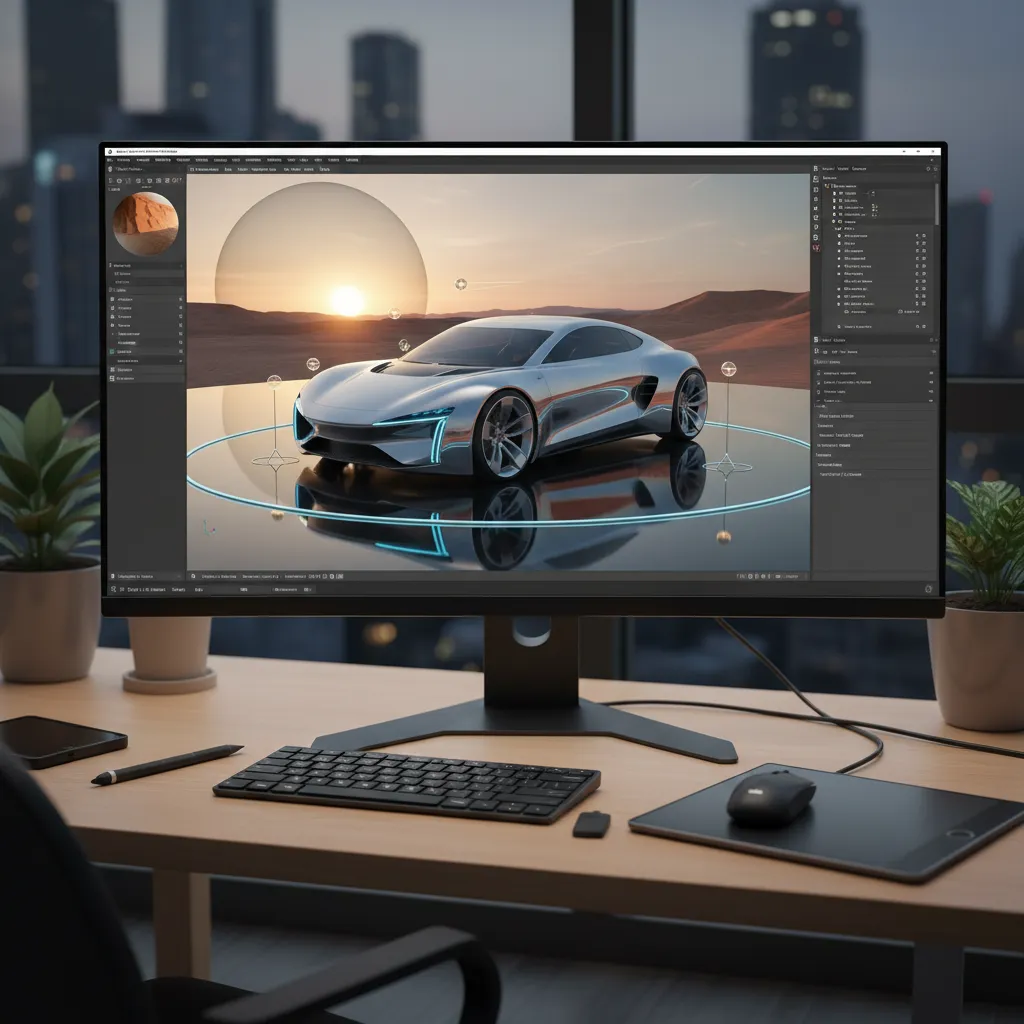 3D modeling workspace showing product model and lighting setup