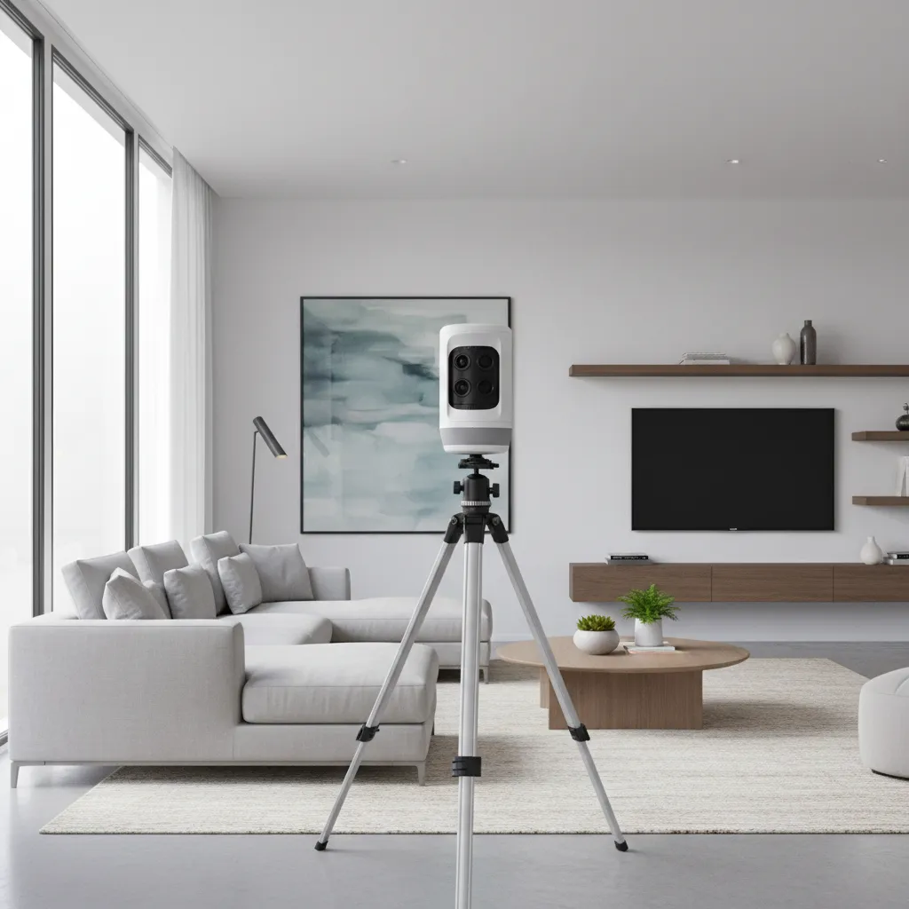 3D scanning camera capturing a residential living room for digital floor plan creation
