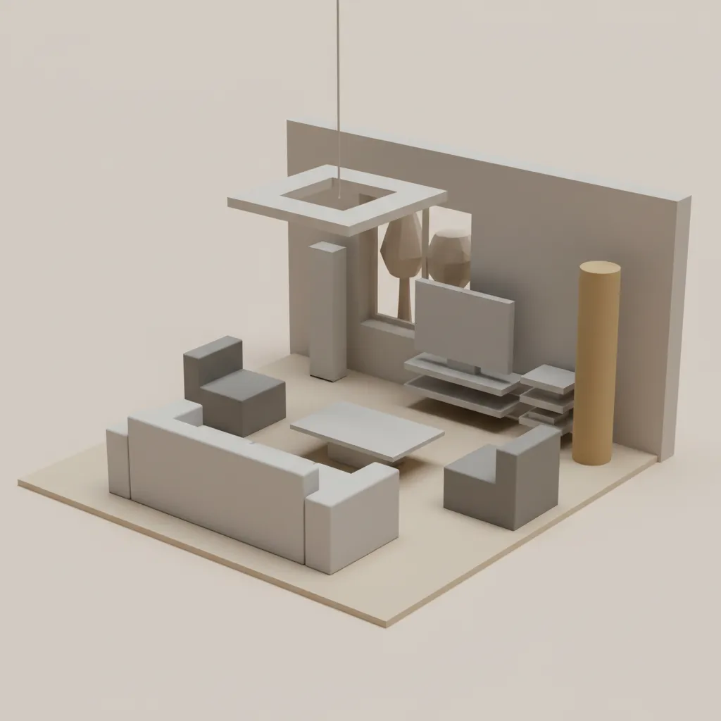 3D prototype layout showing basic object proportions and spatial arrangement