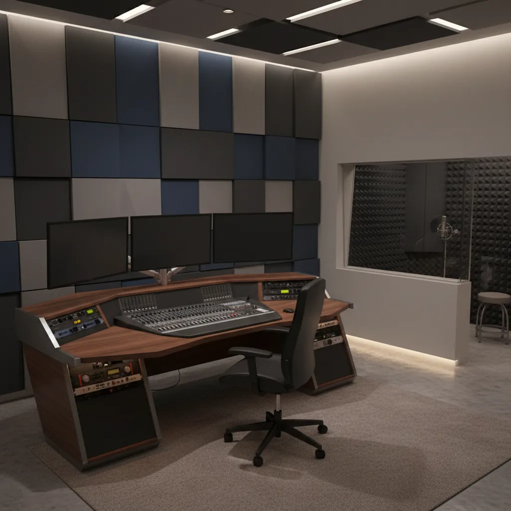 3D visualization of recording studio floor plan with control room and vocal booth