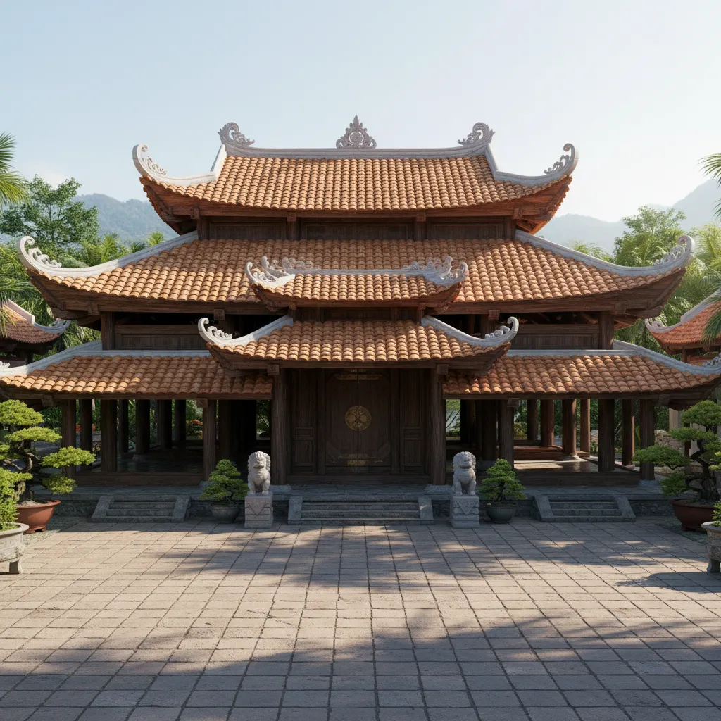 Traditional wooden house with orange tile roofs stone lion statues and paved front courtyard area