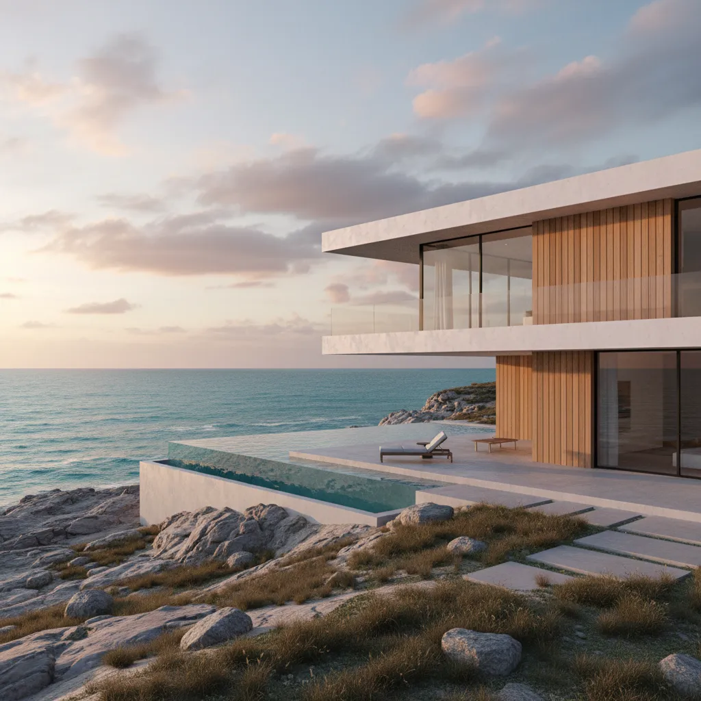 Render 3D de una casa moderna frente al mar