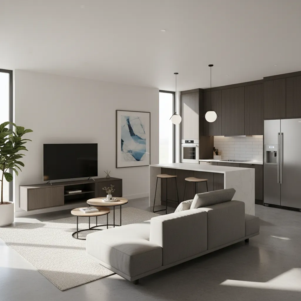 Visualisasi 3D interior rumah kecil modern