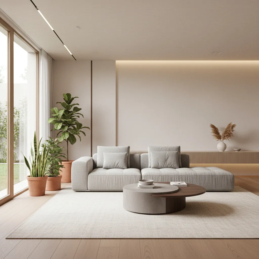 Modern living room with grey sofa, round coffee table, white rug, green plants, and windows